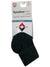 A package of Wigwam Trail Junkie Light Quarter Socks in dark quarter style, size large, with a custom fit and contour knit, made in the USA. Packaging has red, white, and blue accents for a sporty look.