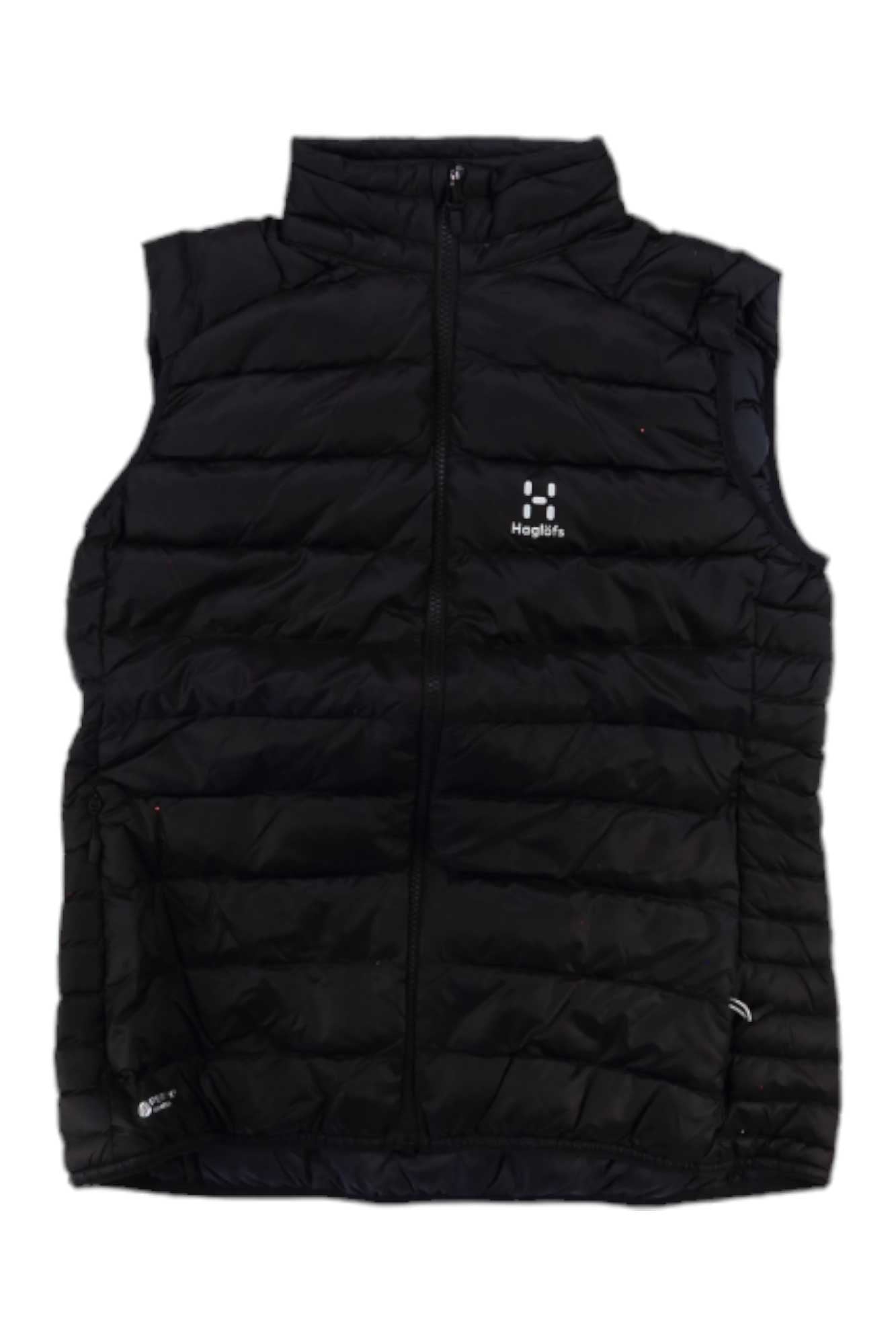 The Haglofs Womens Roc Down Vest is a black, sleeveless insulated vest with a front zipper, high collar, and chest logo. Lightweight and stylish, it’s ideal for outdoor adventures or casual wear.