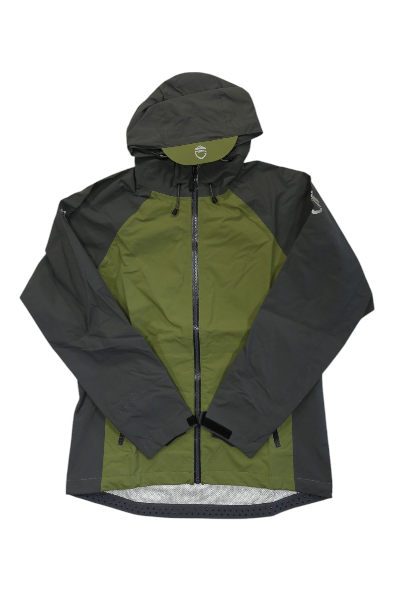 NRS Champion men's hooded jacket, full-zip, olive center with dark gray sleeves.