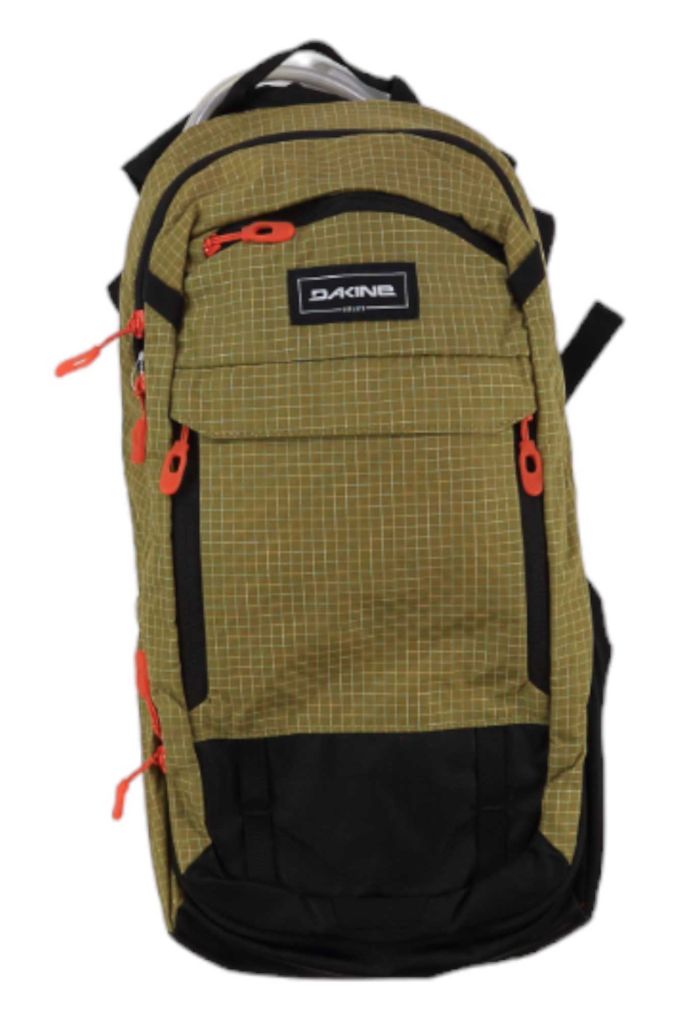 The Dakine Syncline 16L Hydration Pack in green and black features a grid pattern, red zipper pulls, and multiple compartments—ideal for mountain biking—displayed against a white background.