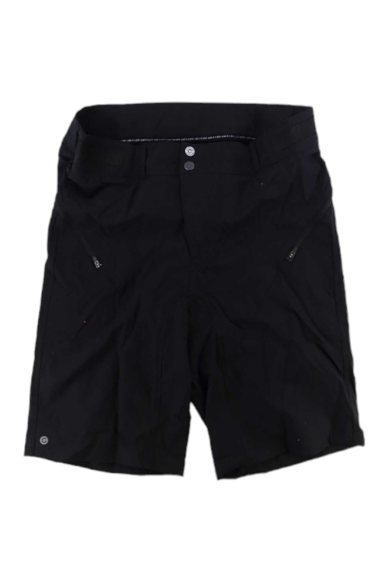 The Louis Garneau Men's Leeway 2 Short is a black knee-length cycling short with sun-protective fabric, button and zipper front closure, two zippered side pockets, belt loops, and an adjustable waist, shown on a white background.