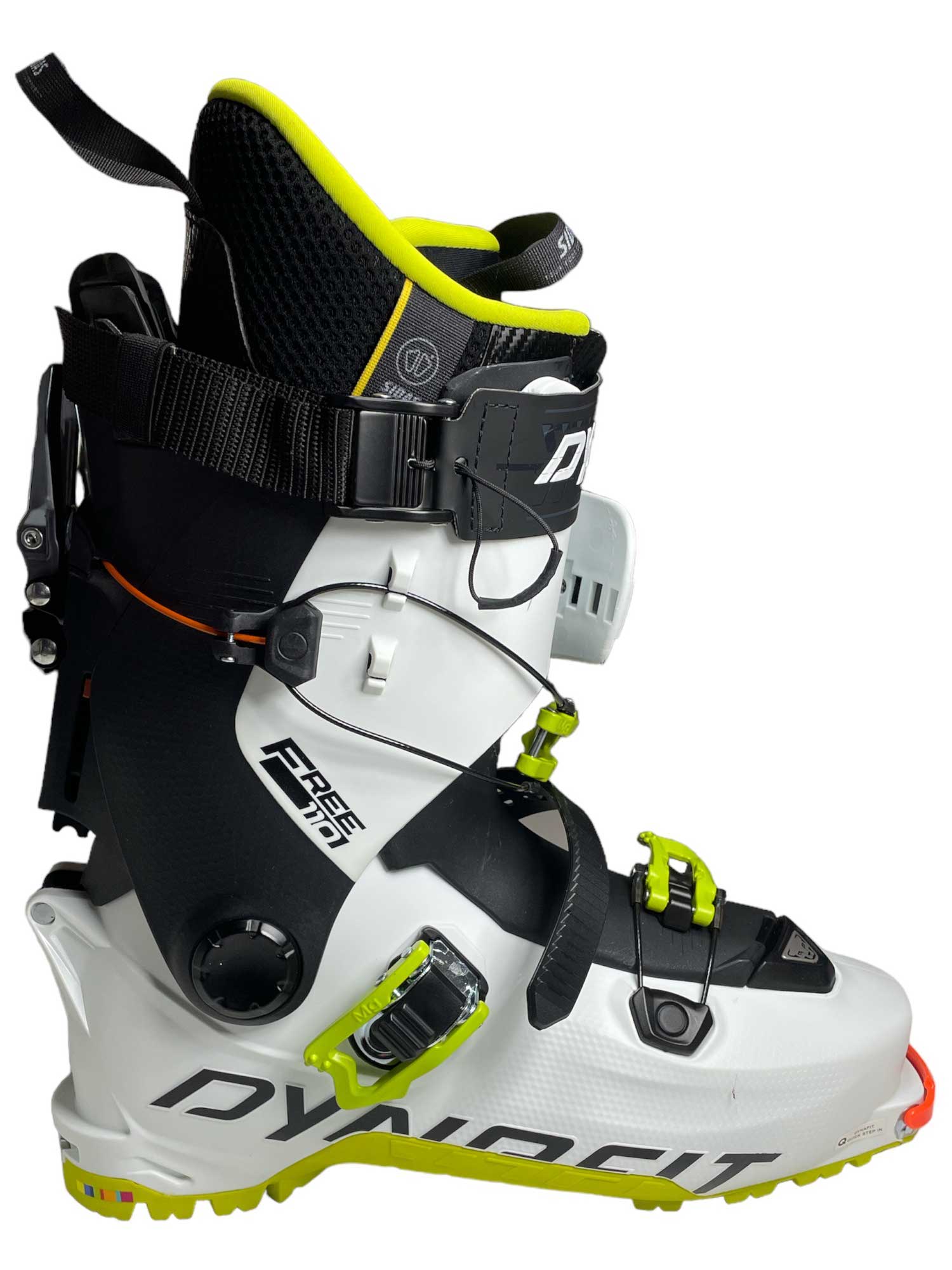 The Dynafit Hoji Free 110 Ski Boot offers multiple buckles and straps for alpine touring, a progressive forward flex for top performance, and features the DYNAFIT logo on the side. Available in white, black, and neon yellow.