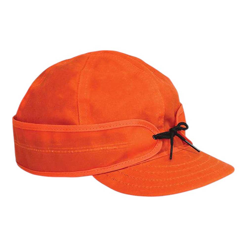 Waxed cotton baseball cap in blaze orange, curved brim, black tie at rear