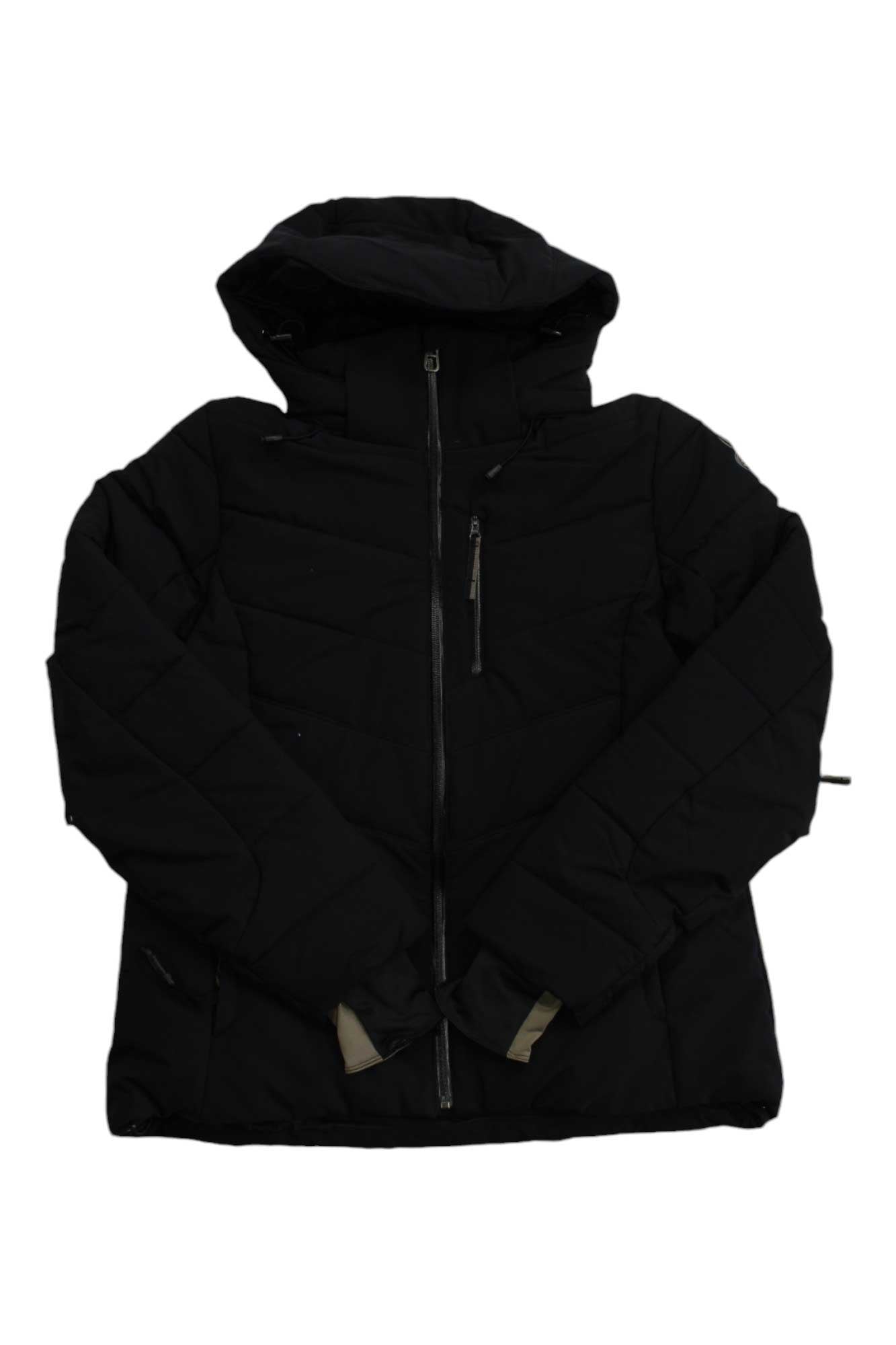 The Womens Haven Jacket in black features a hood, EXO Shield 3-Layer laminate, front zipper, zippered chest pocket, long sleeves, and angled stitching, shown laid flat against a white background.
