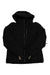 The Womens Haven Jacket in black features a hood, EXO Shield 3-Layer laminate, front zipper, zippered chest pocket, long sleeves, and angled stitching, shown laid flat against a white background.