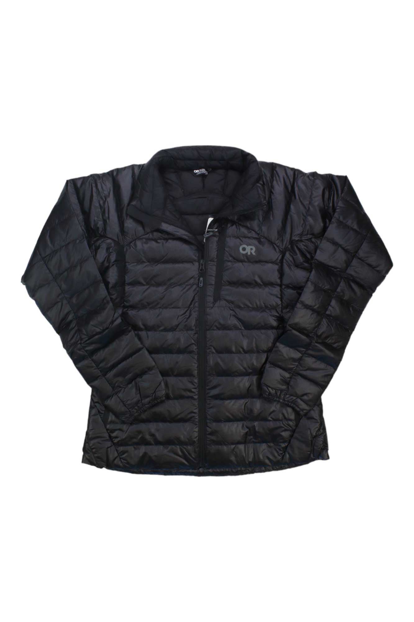 A black, quilted, long-sleeve Outdoor Research Womens Helium Down Jacket features 850-fill-power down and the OR logo on the left chest. Shown laid flat on white—ideal for fans of insulated jackets.