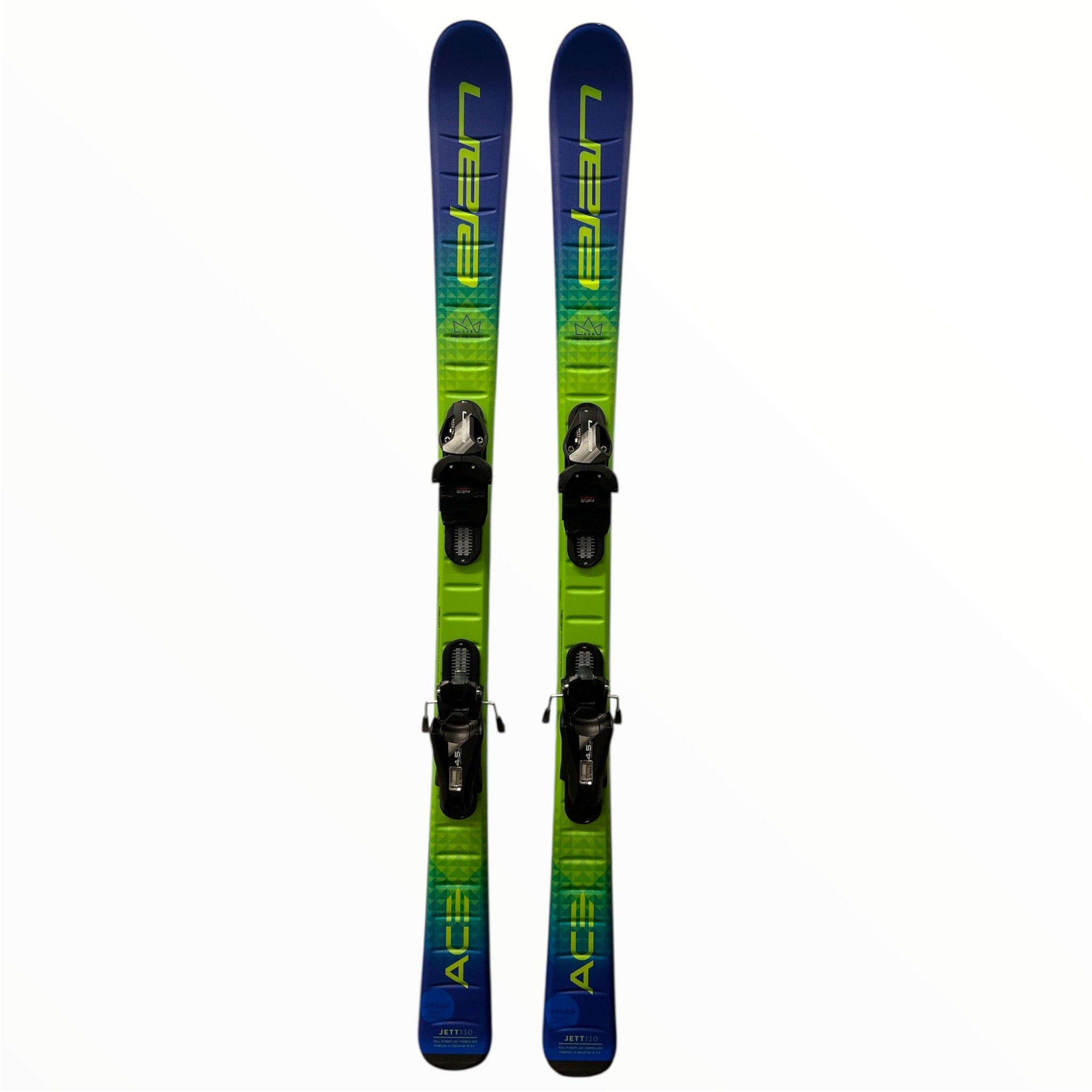 The Elan Kids Jett JRS Skis + Elan 4.5 Demo Bindings feature blue tips fading to green and yellow by the bindings, with the Elan logo on each ski—a great choice for young skiers.