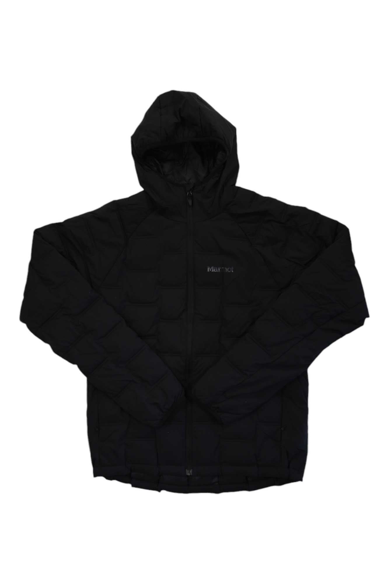 The Mens WarmCube Active Novus Jacket is a black puffer with a hood, front zipper, and long sleeves. Made from recycled nylon, it features 3M Thinsulate Featherless Insulation and a subtle chest logo, shown on a white background.