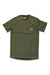Olive green short-sleeve pocket t-shirt with crew neck and chest logo patch