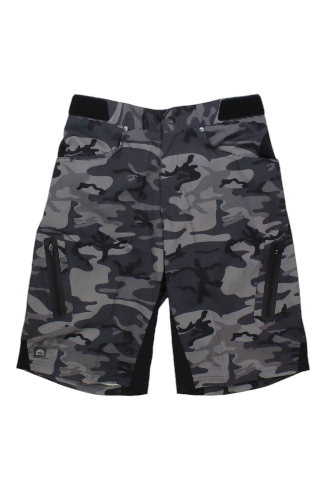 Men's dark camo shorts with zip fly and drawstring waistband