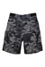 Men's dark camo shorts with zip fly and drawstring waistband