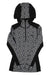 The Kari Traa Womens Rose Hood is a long-sleeve wool base layer with a black and white geometric snowflake pattern, front half-zip, hood, and black contrast panels on the shoulders and sides.