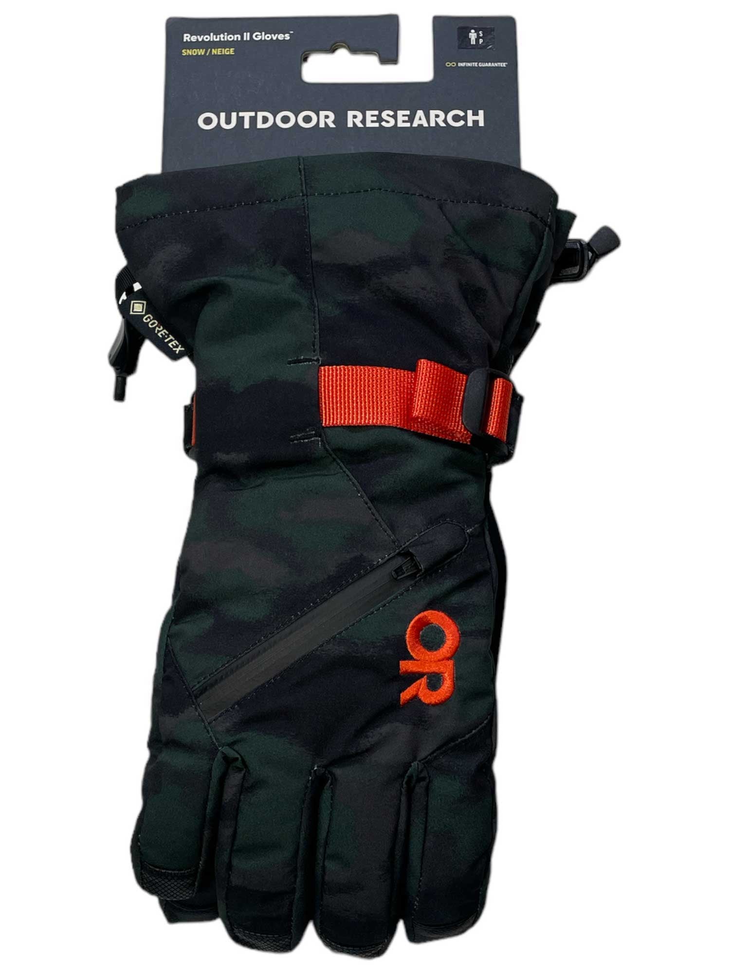 A pair of Outdoor Research Men's Revolution II GTX Gloves in black and dark green camo with a red strap and red OR logo, shown in packaging.