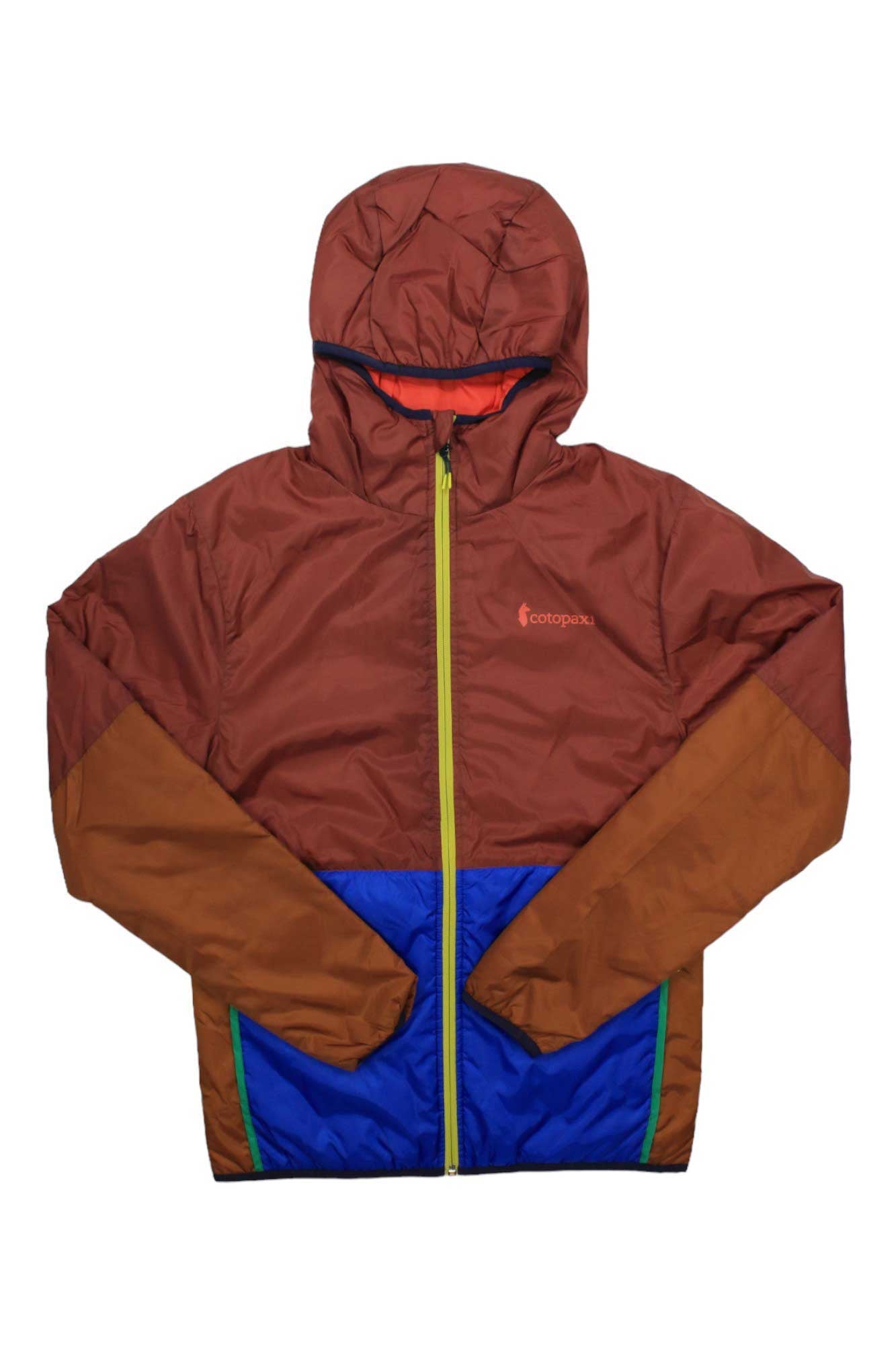 The Cotopaxi Men's Teca Calido Hooded Jacket is a color-blocked, packable jacket with a red-brown top, tan sleeves, blue lower section, green accents, yellow zipper, and orange lining—made from recycled materials.