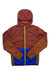 The Cotopaxi Men's Teca Calido Hooded Jacket is a color-blocked, packable jacket with a red-brown top, tan sleeves, blue lower section, green accents, yellow zipper, and orange lining—made from recycled materials.