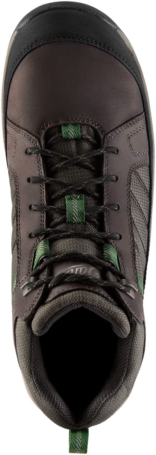 Top view of the Danner Men's Riverside Work Boot, showcasing brown and black leather, green and black laces, green pull tab, padded collar, visible stitching, and waterproof construction—ideal for tough work environments.