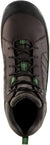 Top view of the Danner Men's Riverside Work Boot, showcasing brown and black leather, green and black laces, green pull tab, padded collar, visible stitching, and waterproof construction—ideal for tough work environments.
