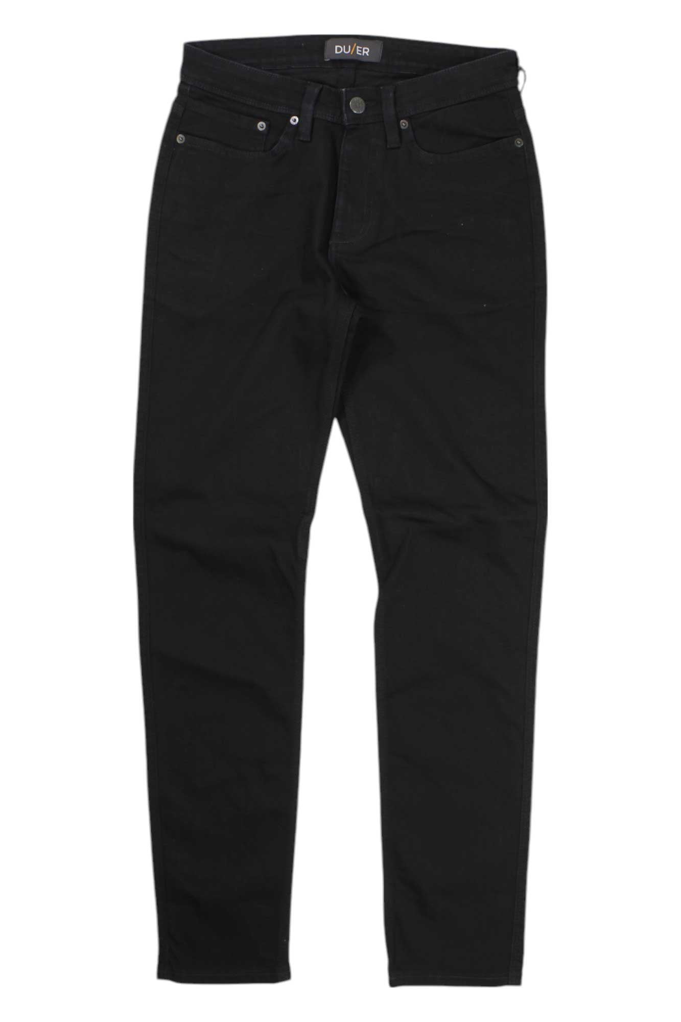 The DU/ER Mens Performance Denim Jean - Slim Fit in black, shown flat on a white background, features a classic five-pocket design and button closure at the waistband.