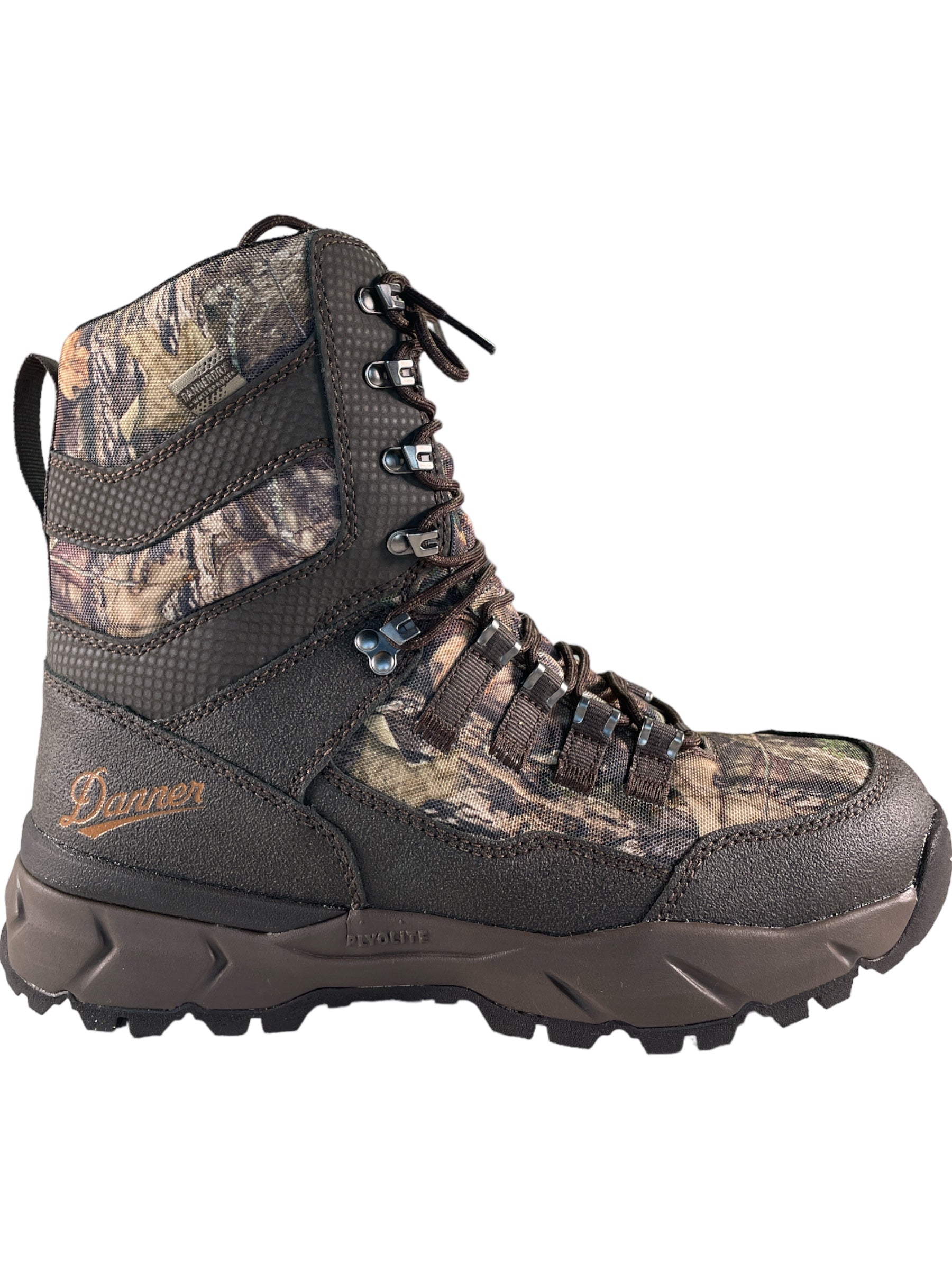 The Danner Mens Vital 8IN 400G Insulated Boot is a rugged, high-ankle hunting boot with camouflage, a black Vibram outsole, reinforced toe, metal eyelets, and orange Danner embroidery on the heel.