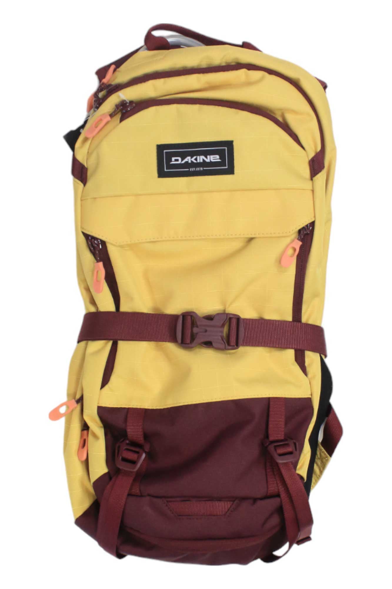 The Dakine Women's Syncline 12L Hydration Pack is a yellow and maroon mountain biking backpack with orange zipper pulls, multiple zippered compartments, adjustable straps, and features the Dakine logo patch on the top front pocket.