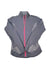 The Women's Mighty Power Hybrid Jacket is a gray stretch softshell with a high collar, long sleeves, pink zipper accents, lighter gray side panels, and trim on the cuffs and hem, shown laid flat on a white background.