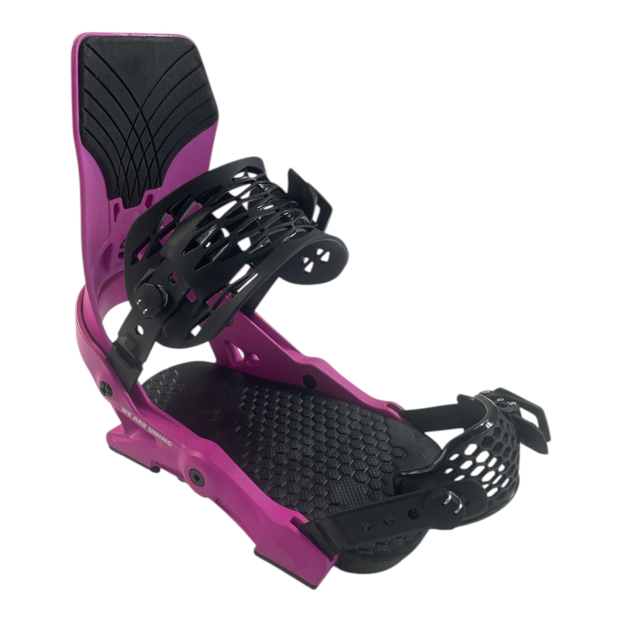 The YES Rebel Snowboard Bindings in purple with black straps and a textured black footbed are shown angled on a white background—ideal for riders who want responsive performance.