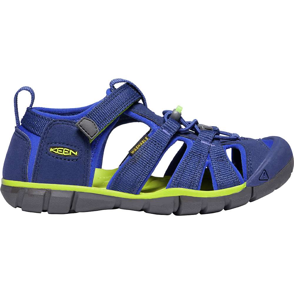 KEEN Seacamp II CNX kids sandal, blue fabric with neon green underlay
