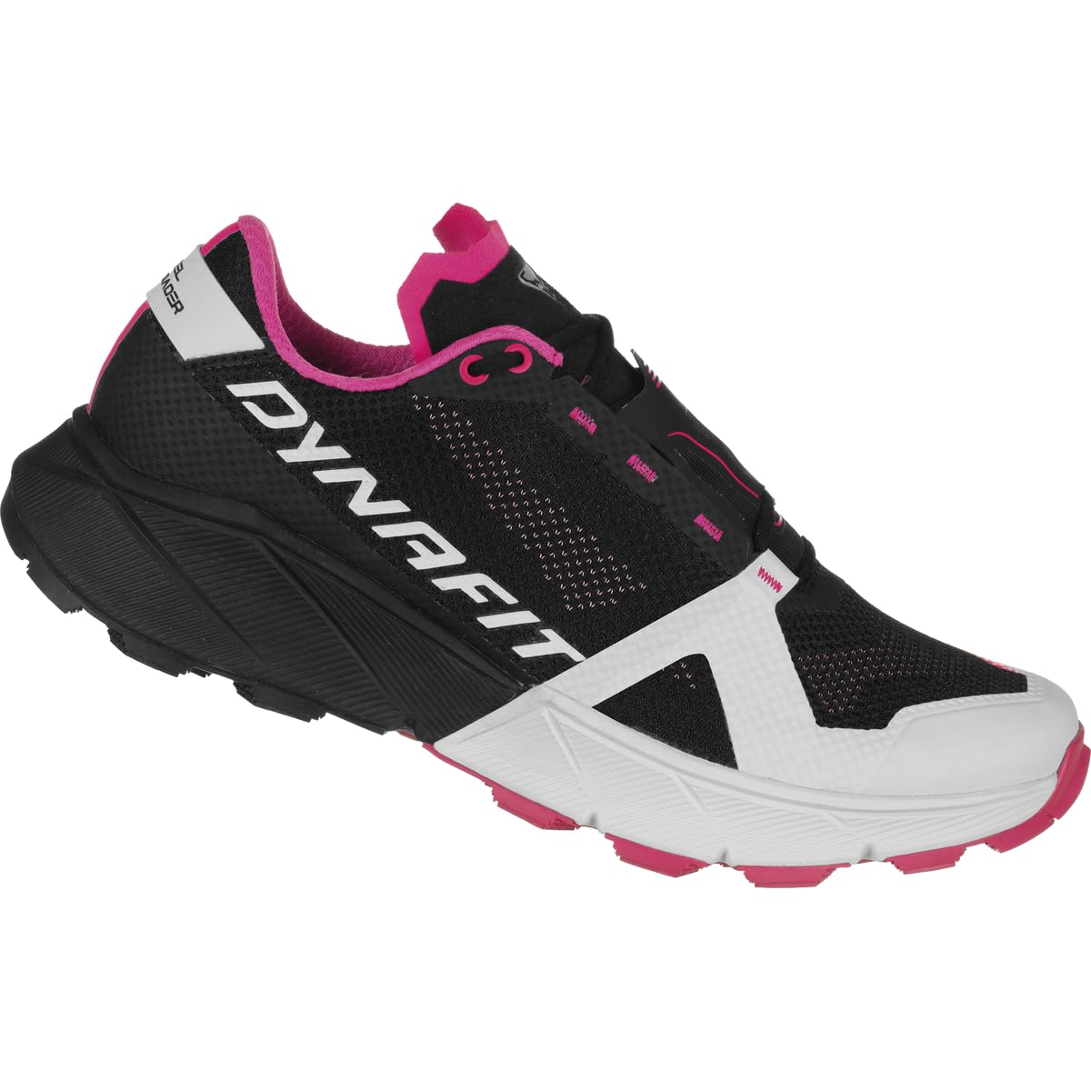 The Dynafit Women's Ultra 100 Trail Running Shoe in Nimbus Black Out features pink accents, a mesh upper, Vibram Megagrip outsole, cushioned sole for rugged trails, and displays the DYNAFIT brand name on the side.