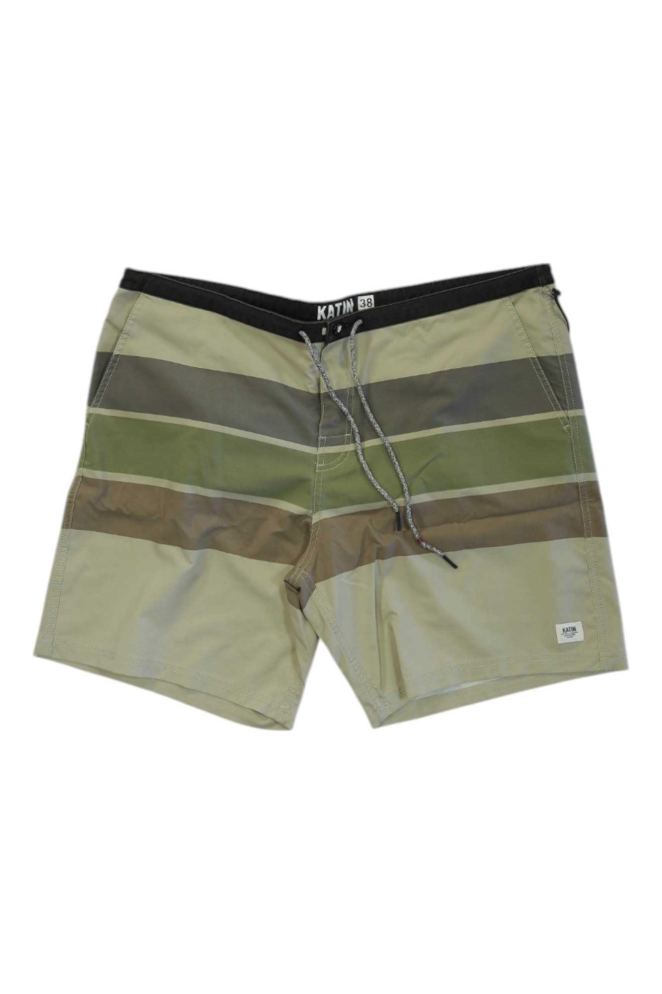 Men’s hybrid trunks with elastic navy waistband, striped olive panels, front drawstring