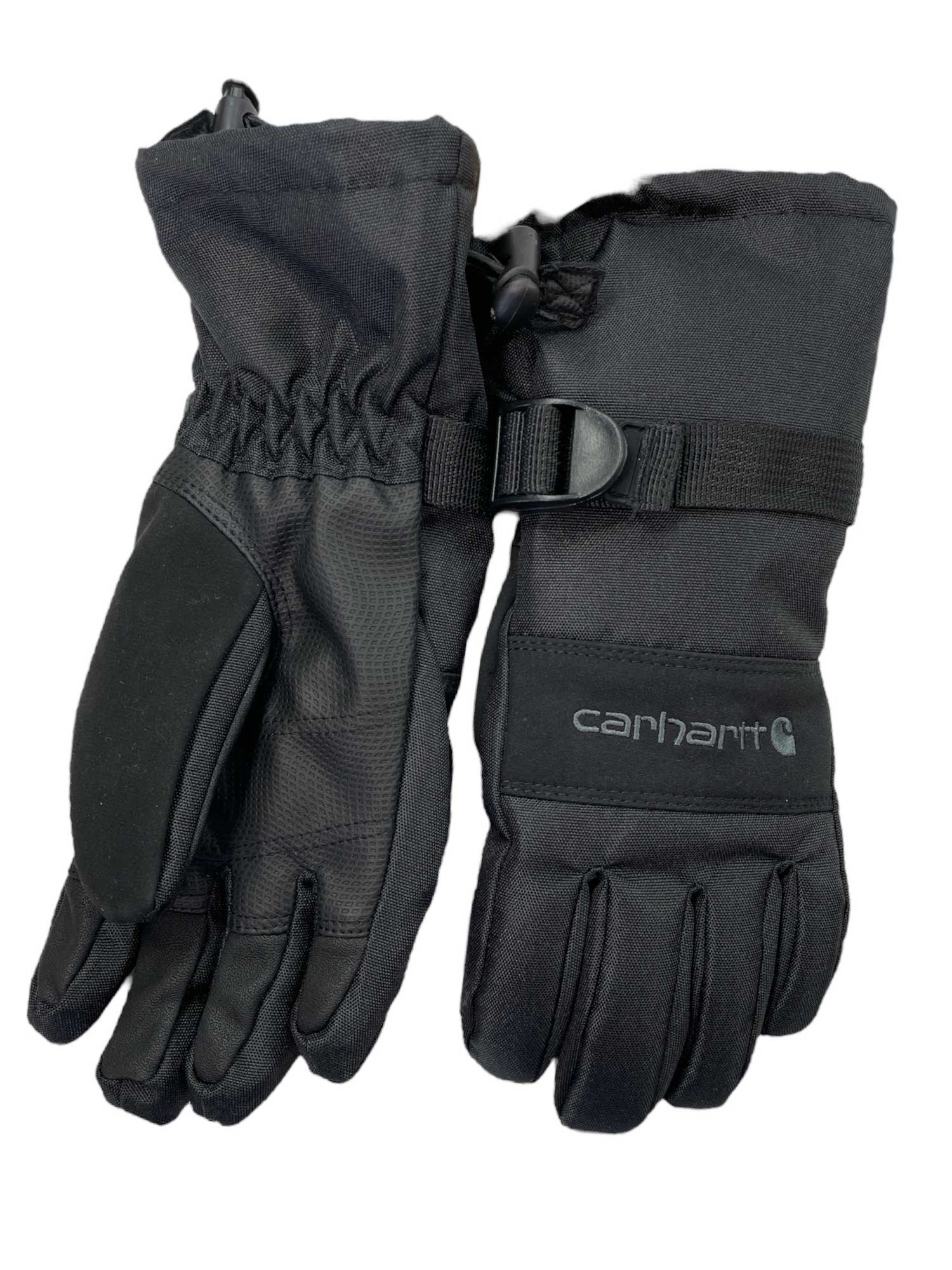 A pair of black Carhartt Juniors Waterproof Gloves with adjustable wrist straps and reinforced palms, made from durable fabric, displayed on a plain white background.