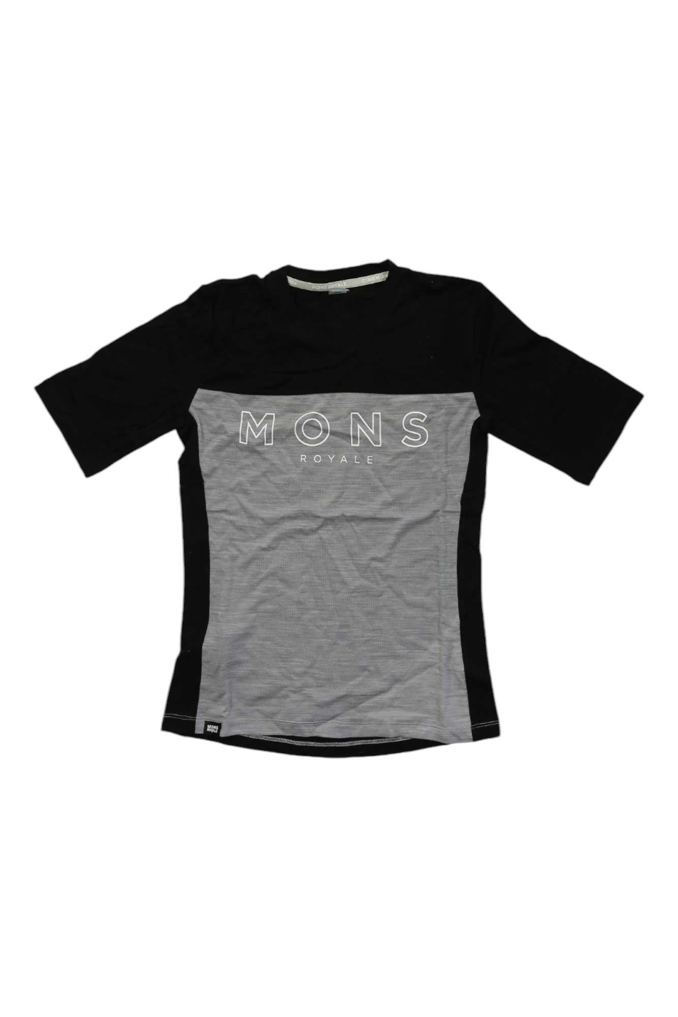 Women's black and grey marl short-sleeve T-shirt with large MONS logo across chest