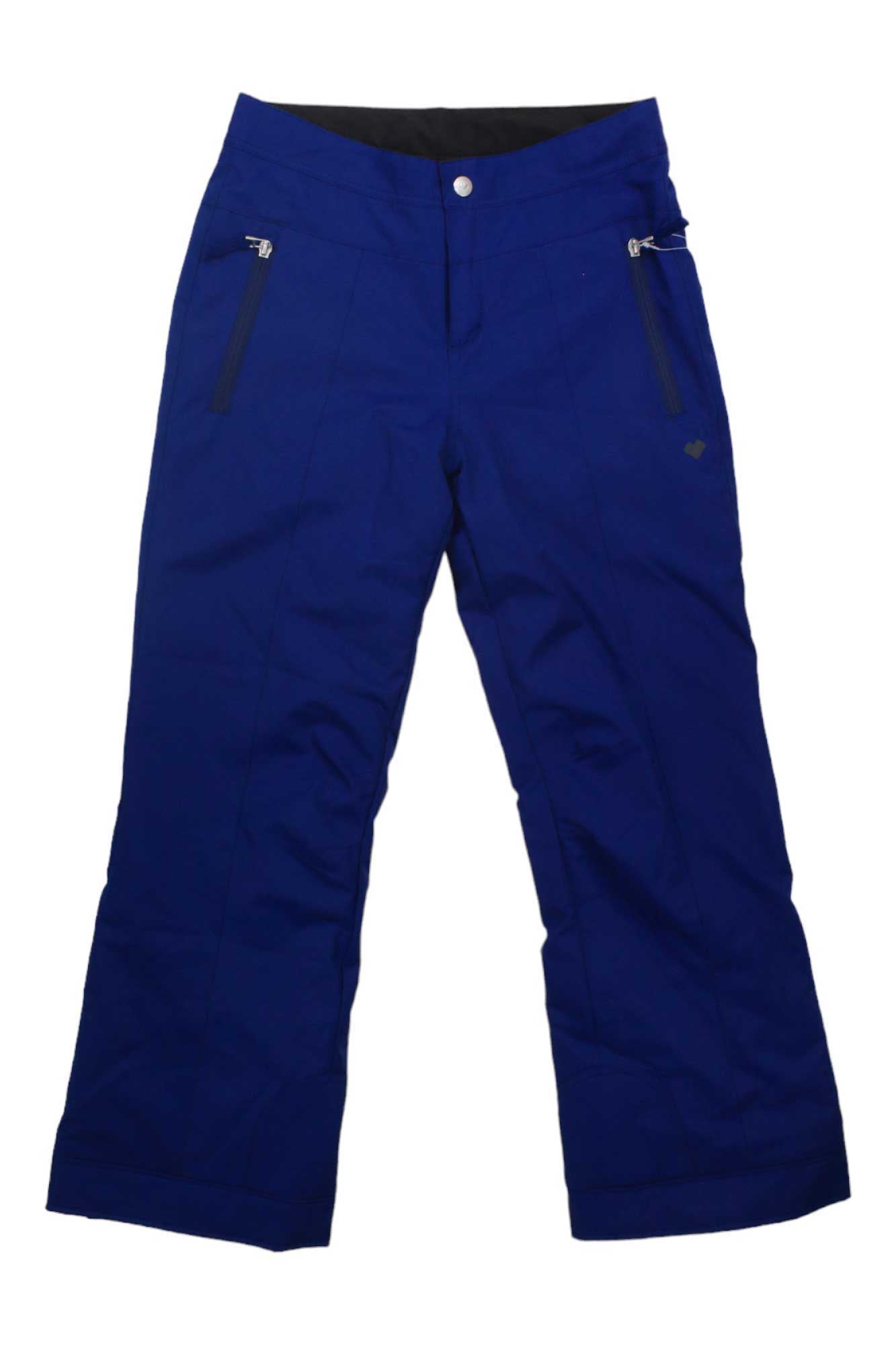 Obermeyer Girls Brooke Pant in blue, featuring front zipper pockets, waterproof fabric, button closure, and adjustable waist, shown on a white background.