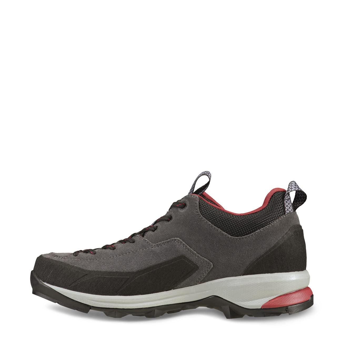 The Garmont Dragontail WMS Grey Casual Shoes feature dark gray uppers with black and red accents, black laces, a white and black sole, and a heel pull tab, shown on a white background.