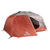 An orange and gray Klymit Cross Canyon 2 Tent stands with its door unzipped, revealing the interior. Its freestanding design, multiple guy lines, and ventilation panels make it ideal for outdoor camping adventures.