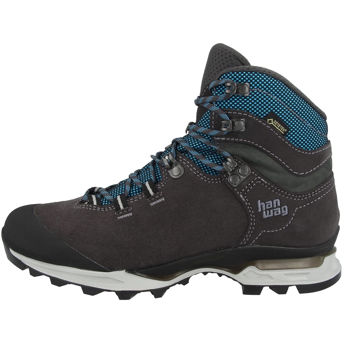 The Hanwag Tatra Light GTX Women's Backpacking Boot features a dark gray design with blue accents, blue/black laces, metal eyelets, reinforced toe, and rugged black sole—ideal for lightweight backpacking. Brand logo displayed on the side.