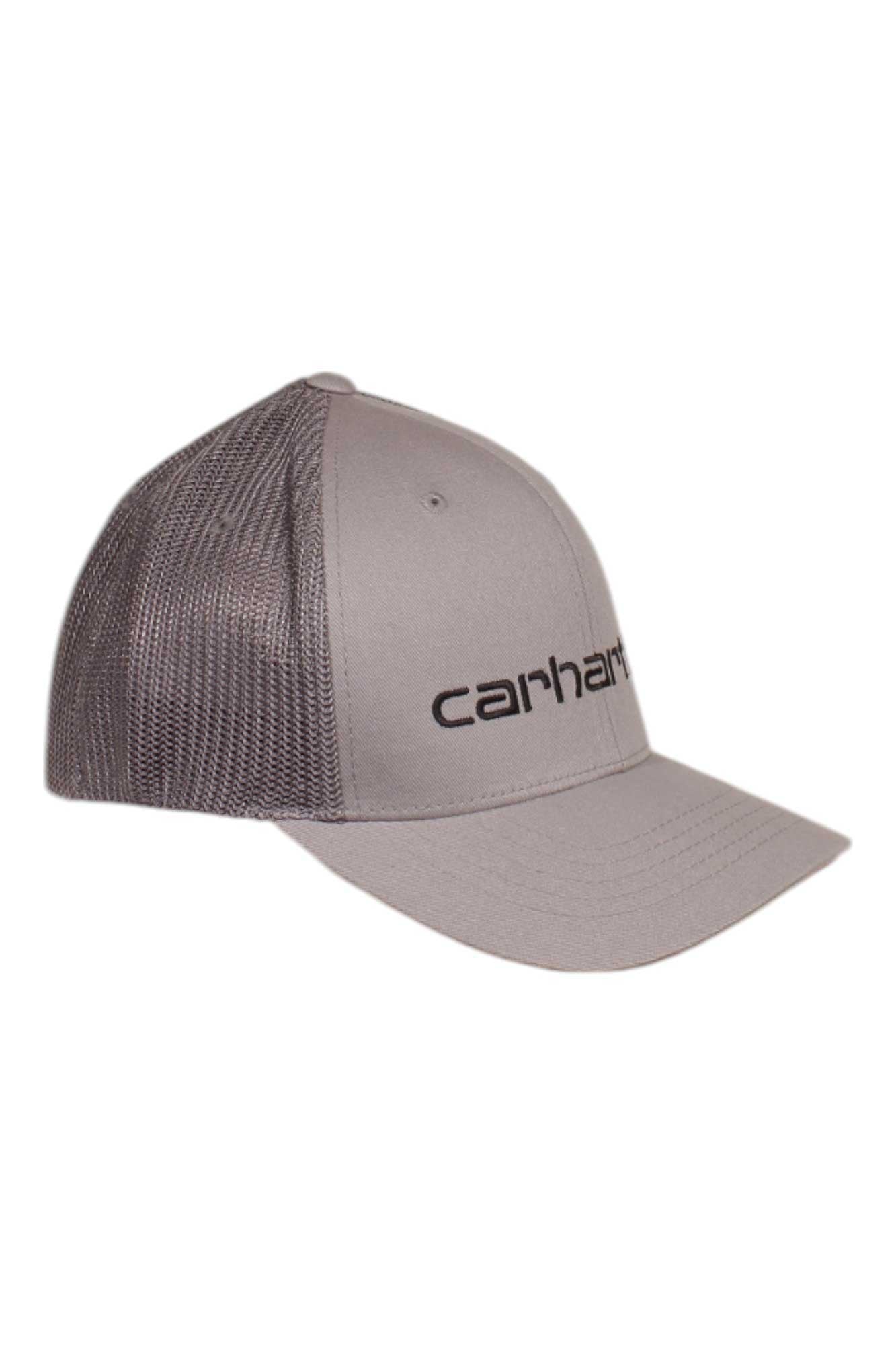 Carhartt mesh-back fitted cap in asphalt gray with Carhartt logo on front