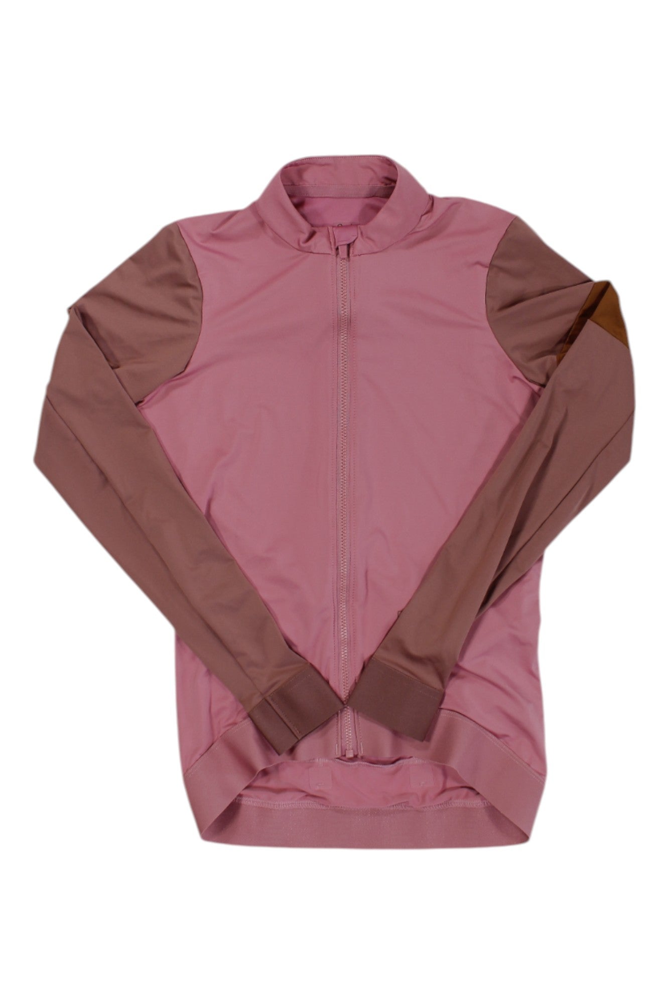 The Rapha Womens Pro Team Long Sleeve Training Jersey features a light pink body with darker pink sleeves and shoulder panels—a stylish zip-up jersey for your next training ride, shown on a white background.