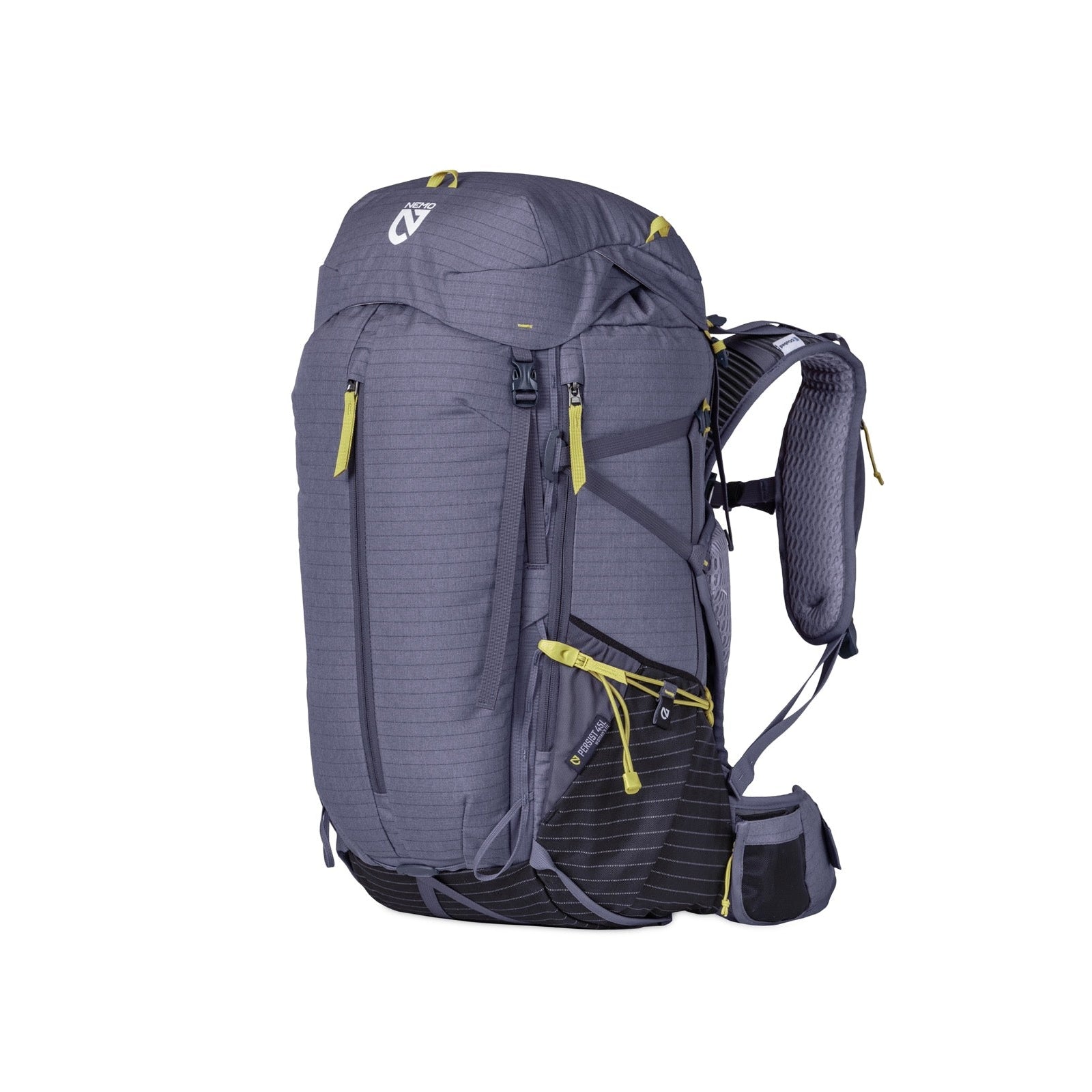 The Nemo Womens Persist 45L Pack is a gray mountain backpack with yellow zipper pulls, multiple compartments, padded shoulder straps, and mesh side pockets, shown against a white background.