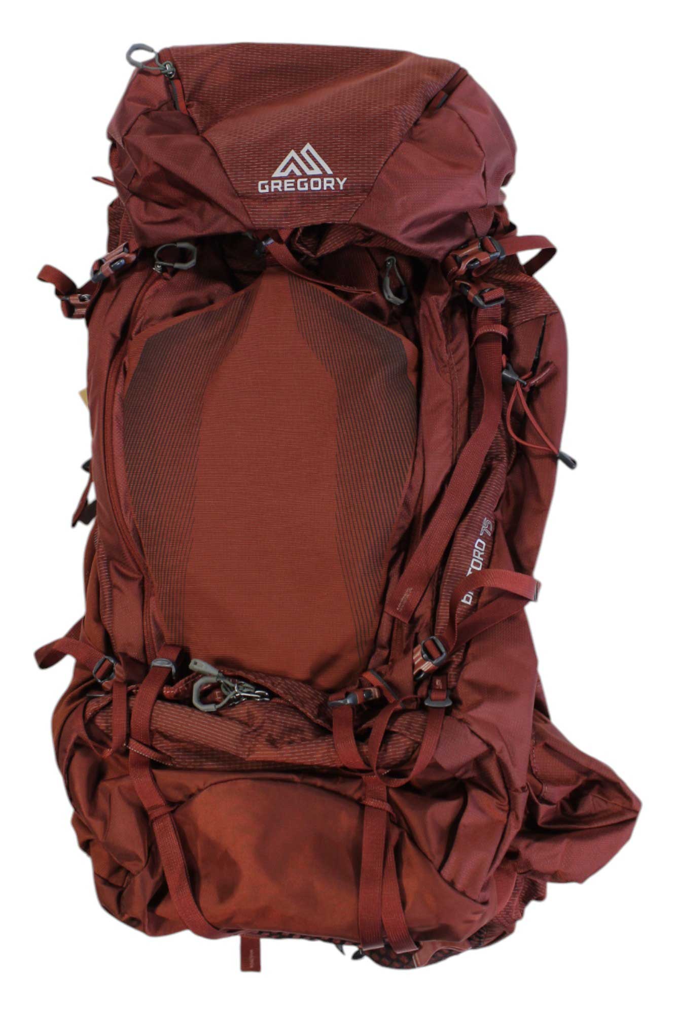 Men's Gregory hiking backpack, brick-red 75L with front pocket and adjustable shoulder straps