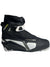 The Fischer Womens XC Comfort Pro Ski Boot features a black and white design, Velcro strap, ankle support, and a modern look—ideal for women’s cross-country skiing.