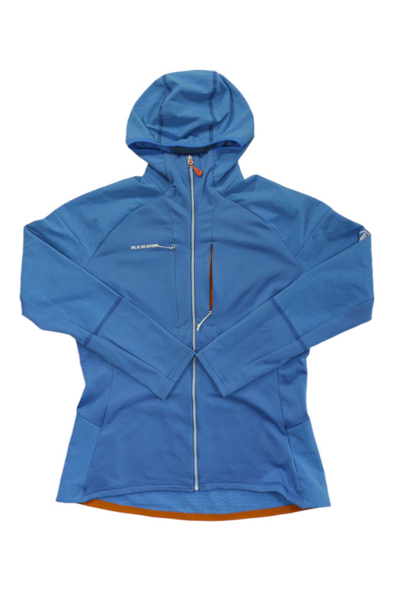 The Mammut Womens Eiswand Advanced ML Hooded Jacket is a blue, lightweight climbing jacket with a front zipper, long sleeves, subtle seams, and a small chest logo—perfect for outdoor activities.