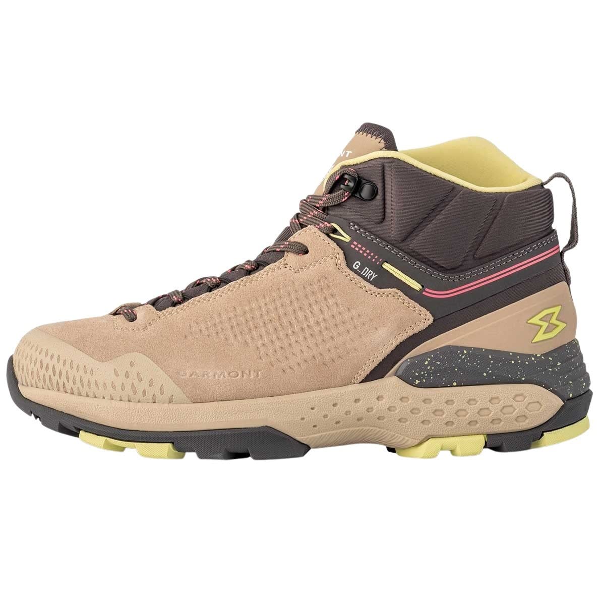 The Garmont Groove Mid GDry Women's Shoes feature a beige and brown design with yellow accents, a black speckled midsole, textured sole, high ankle collar, lace-up front, and branded details—ideal for any women’s footwear collection.