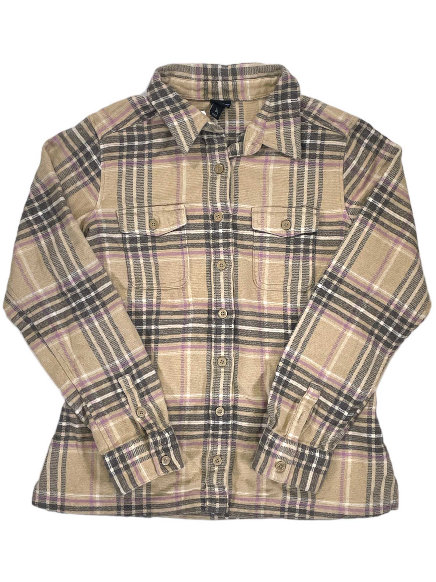 The Womens Long-Sleeved Fjord Flannel Shirt in beige, gray, and pink plaid features organic cotton fabric, two chest pockets, and long sleeves, shown laid flat on a white background.