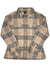 The Womens Long-Sleeved Fjord Flannel Shirt in beige, gray, and pink plaid features organic cotton fabric, two chest pockets, and long sleeves, shown laid flat on a white background.