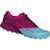 A left-facing Dynafit Women's Alpine Trail Running Shoe in beet red and marine blue with the Dynafit logo, designed for women's trail running and featuring a grippy Vibram Megagrip sole.