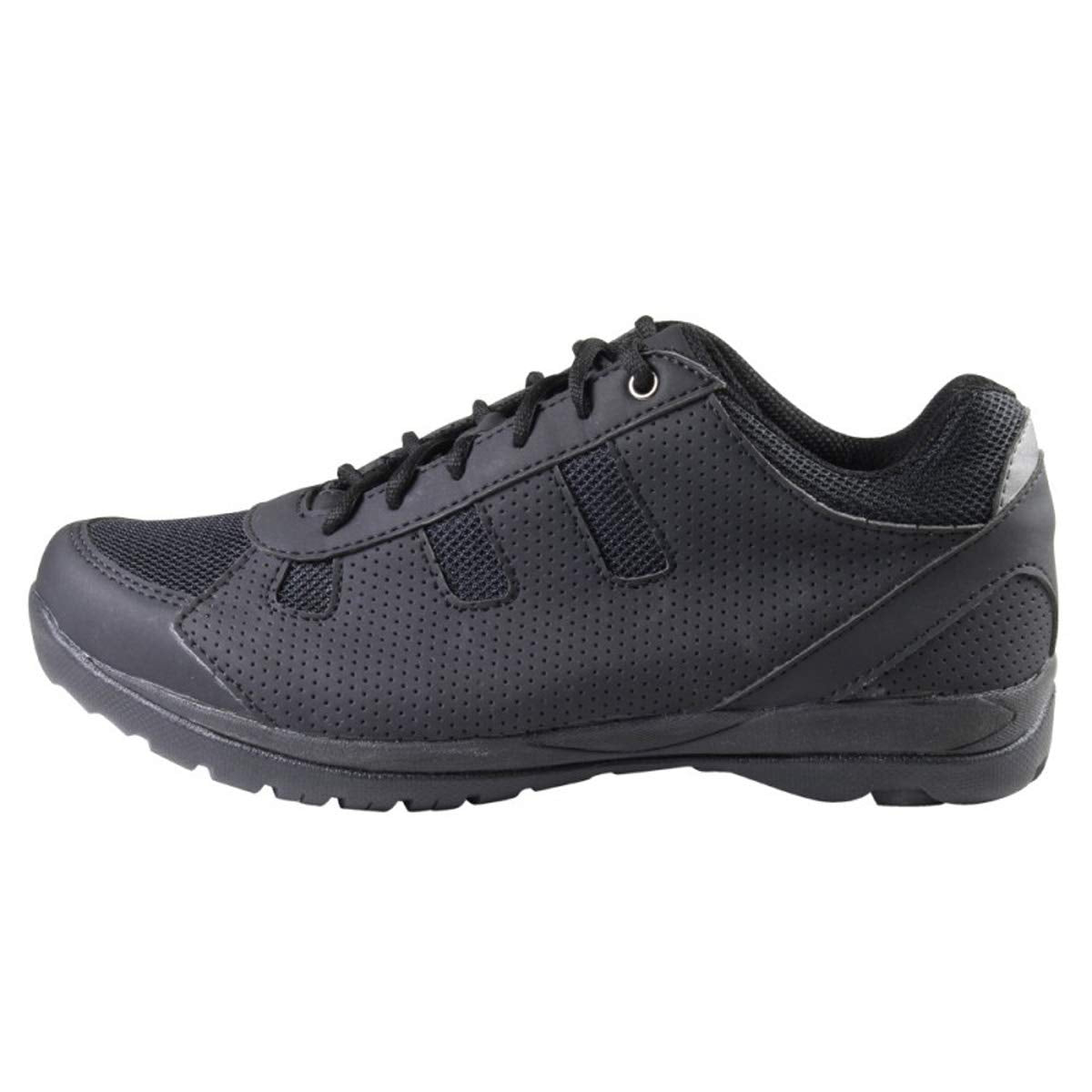 The Serfas Mens Trax Mountain Bike Shoes in black, size 45, feature a perforated texture, lace-up closure, and low-top design, shown from the side against a plain white background.
