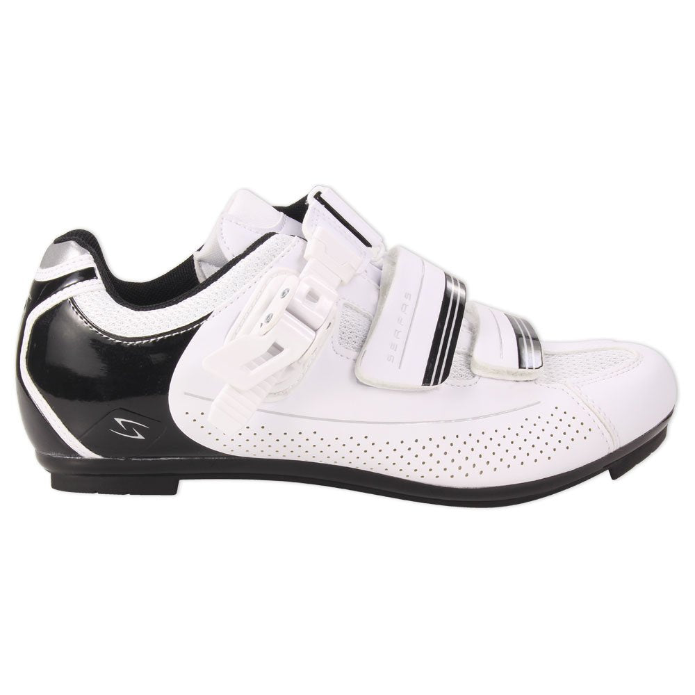 Serfas Women's Road Bike Cycling Shoes in white, size 38, feature a black accent, velcro strap, buckle closure, and perforated aerodynamic design, shown from the side.