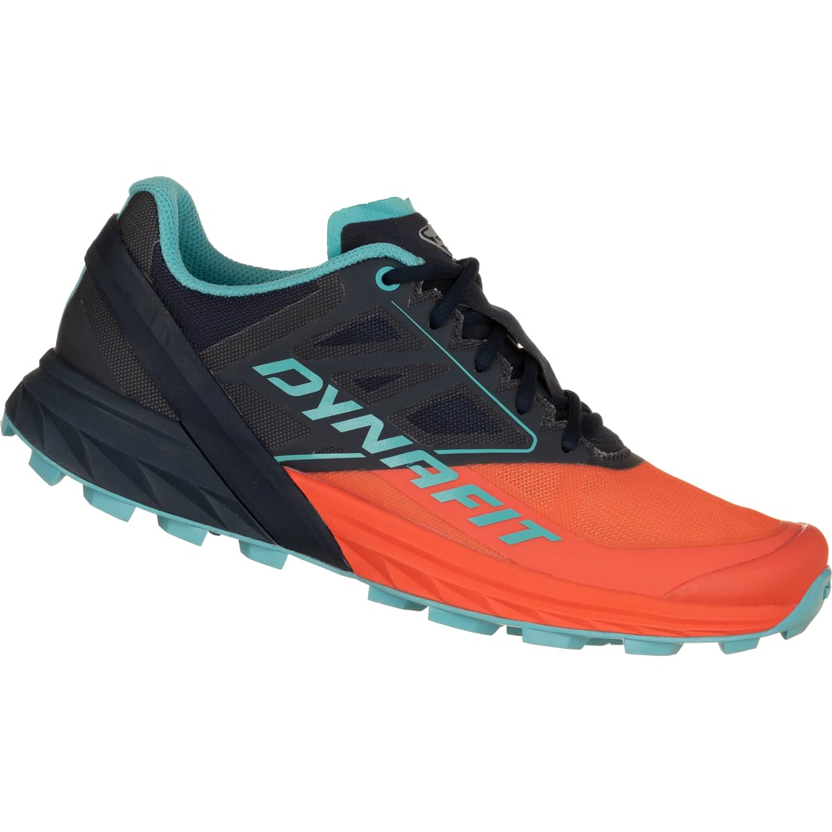 The Dynafit Alpine W Sports Shoes are vibrant trail runners with an orange toe, black and dark blue midsection, teal accents, and a rugged teal sole—perfect for high-performance outdoor activities.