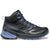 The SCARPA Women's Rush Mid GTX Waterproof Hiking & Trail Running Shoes feature a black and blue design, blue laces, rugged sole, GORE-TEX technology, and Scarpa branding—ideal for outdoor adventures.