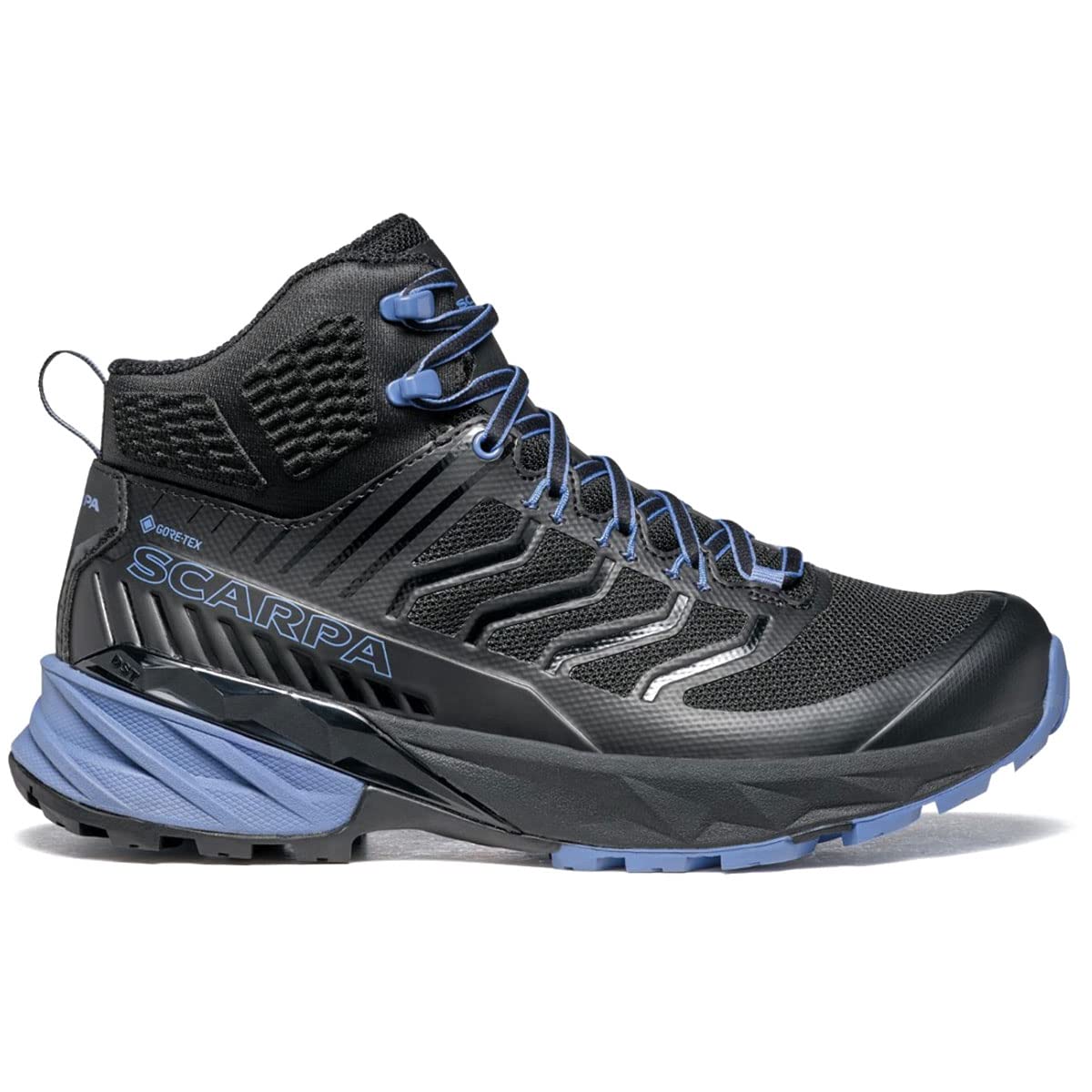 The SCARPA Women's Rush Mid GTX Waterproof Hiking & Trail Running Shoe is shown in black and blue with blue laces, a high ankle, rugged sole, and textured design, side view on a white background.
